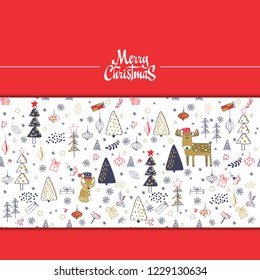 Winter forest background with animals and trees. Seamless pattern