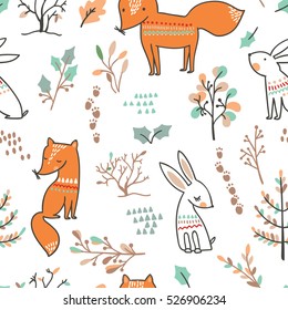 Winter forest background with animals and trees. Seamless pattern.