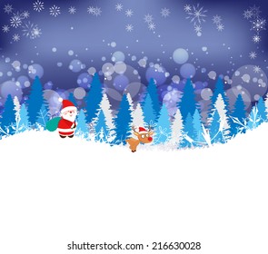 Winter forest background with deer and santa claus