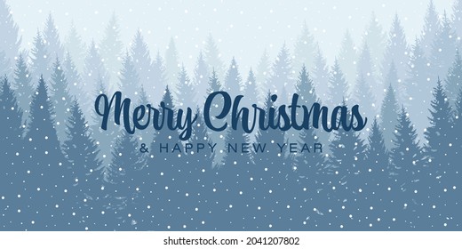 Winter forest background. Fog evergreen landscape of Pine, spruce, christmas tree. Vector illustration in hand drawn silhouette style, Template fot greeting card