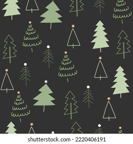 Winter forest background. Seamless pattern for winter and christmas theme. Hand drawn Doodle christmas tree. Background, Wallpaper, wrapping paper templates. Vector illustrations.