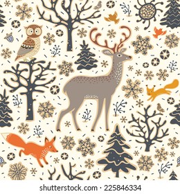 Winter forest background. Seamless pattern. Owl, deer, fox, squirrel, birds, trees and snowflakes.