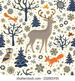 Winter forest background. Seamless pattern. Owl, deer, fox, squirrel, birds, trees and snowflakes.