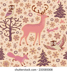 Winter forest background. Seamless pattern. Owls, deer, fox, squirrel, birds, trees and snowflakes.