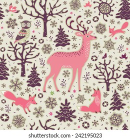 Winter forest background. Seamless pattern. Owl, deer, foxes, squirrel, birds, trees and snowflakes. Vector illustration.