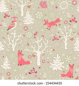 Winter forest background. Seamless pattern with owl, foxes, squirrel, birds, trees and snowflakes. Vector illustration.