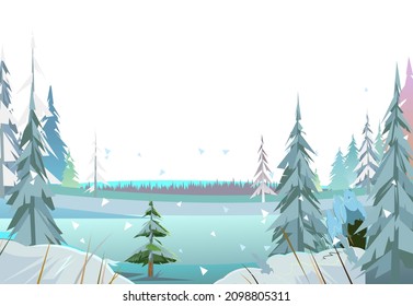 Winter Forest Background. Snowy Coniferous Trees on the shower of a frozen pond or river. Covered with ice. Snow falls. Illustration in cartoon style flat design Isolated on white background. Vector.