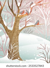 Winter forest background, trees and bushes covered with snow. Christmas or New Years snowy greeting card cartoon. Illustrated winter woodland scenery, hand drawn vector graphics.