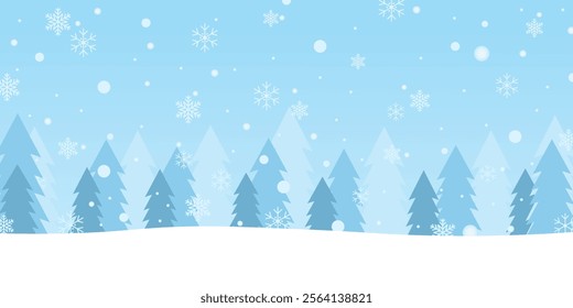 Winter forest background vector illustration. Simple gradient snowy background with trees. Snowfall forest background for web banner, card and wall paper. Beautiful Winter landscape.