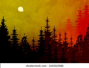 Winter forest background, vector mountain landscape. Christmas tree firs with full moon and orange sky.  Watercolor Painting style. Vector illustration 