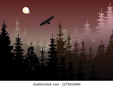 Winter forest with bald eagle in flight, brown background, vector mountain landscape. Christmas tree firs with full moon and dark brown night sky.   Painting style. Vector illustration 