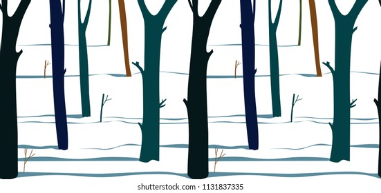 winter forest with beautiful shadows on snow, seamless vectorial horizontal pattern