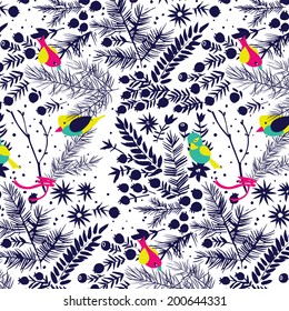 Winter forest with birds pattern.