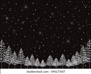 winter forest with black night sky, vector