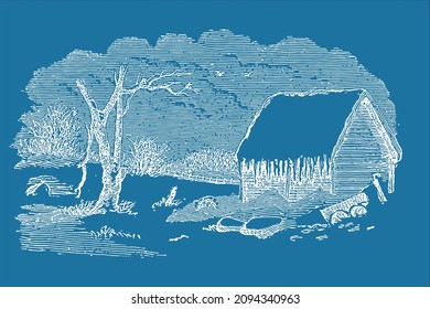 Winter forest. Black and white hand drawn landscape. Vector illustration for postcard, print, background.