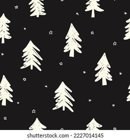 Winter forest black white seamless vector doodle pattern. Fir Christmas trees Hand drawn repeating background. Snow-covered forest tree pattern. Monochrome modern Christmas for gift wrap, fabric