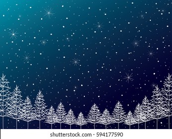 winter forest with blue night sky, vector