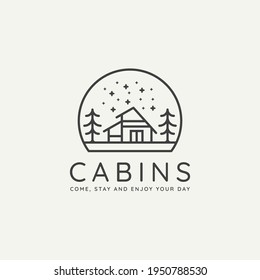 winter forest cabin minimalist line art badge logo template vector illustration design. simple minimalist lodge, cottage, housing emblem logo icon concept