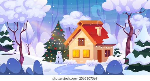 Winter forest cabin. Snowy house forrester hut or mountain resort chalet cartoon snowscape, fairytale christmas season cosy house family home snow nature swanky vector illustration original artwork