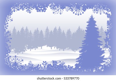 winter forest card with tree and snowflakes frame on violet background, vector illustration