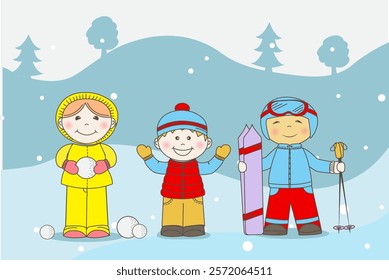 Winter forest, children in winter in the forest, cheerful baby, child in winter, child in a jacket, snowballs, skis, slide, snowfall, landscape, children playing