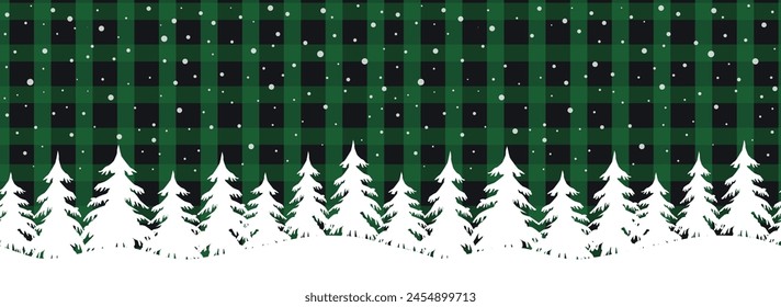 Winter forest. Christmas background. Seamless border. Beautiful winter landscape. White fir trees, snow on green black checkered background. Winter classic buffalo plaid bg. Vector illustration