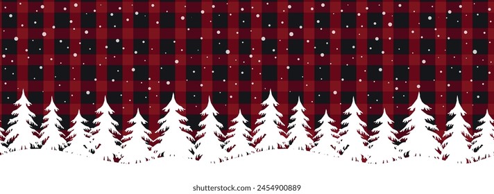 Winterwald. Hintergrund der Weihnachtsmusiken. Nahtloser Rand. Schöne Winterlandschaft. Weiße Tannen, Schnee auf rot-schwarz kariertem Hintergrund. Klassischer Winterbüffel mit Plaid Bg. Vektorillustration