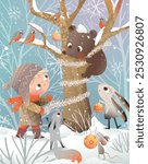 Winter forest Christmas scenery with animals and a child decorating a tree. Bear on tree rabbits and squirrels in winter woods fairy tale. Seasonal greeting card design for kids. Vector illustration.
