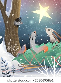 Winter forest Christmas scenery. Animals watching bright shiny stars at night winter sky. Winter woods fairy tale for children New Year story or greeting card. Seasonal vector illustration for kids.