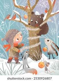 Bosque de invierno Paisaje de Navidad con animales y un niño que decora un árbol. Oso en conejos de árbol y ardillas en el cuento de hadas de los bosques de invierno. Diseño de tarjeta de felicitación de temporada para niños. Ilustración vectorial.