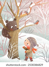 Paisaje de Navidad de bosque de invierno. Niña conoce a un oso bebé en un árbol. Cuento de hadas de madera de invierno para niños Cuento de año Nuevo o tarjeta de felicitación. Diseño de ilustración estacional para niños. Vector de dibujos animados.