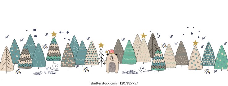 Winter forest christmas seamless background with cute bear.