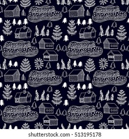 Winter forest. Christmas seamless vector pattern with log cabins, trees and snowflakes. Retro textile collection. On dark blue.