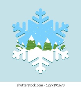 Winter forest - Christmas trees, pines, inside snowflake.