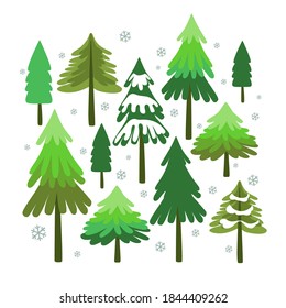 
Winter forest. Christmas trees set. Cartoon vector illustration.
 Isolated design objects on a white background. Clipart.
 