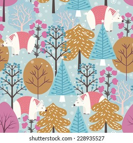 Winter forest - christmas vector seamless pattern with white bear