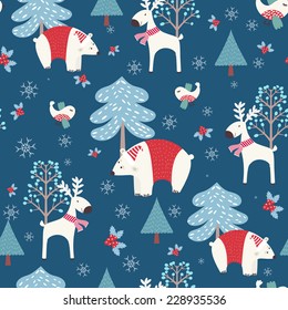 Winter forest - christmas vector seamless pattern with white bear