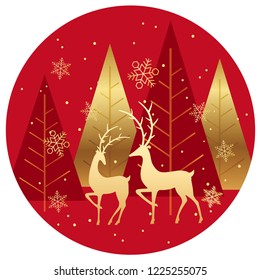 Winter forest circle background with reindeers, vector illustration.