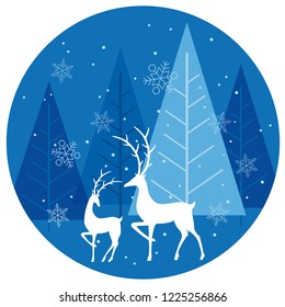 Winter forest circle background with reindeers, vector illustration.