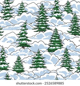 Winter forest colorful seamless pattern with fir trees growing among snowdrifts in cold december weather on Christmas eve vector illustration