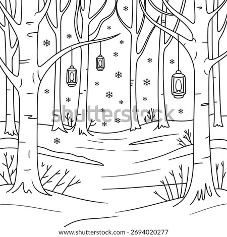 Winter Forest Coloring Page – Snowy Tree Scene with Lanterns for Kids and Adults