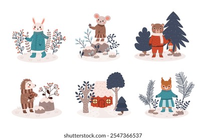 Winter forest compositions with cute animals with trees, plants, leaves, branches collection. Animal characters woodland set. Vector illustration for cards, scrapbooking, animation. 