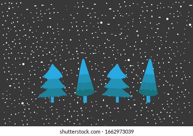 Winter forest consisting of Christmas trees on a background of snowstorm and snowflakes, on a night background