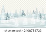 Winter forest covered with snow with coniferous trees isolated on transparent background.

