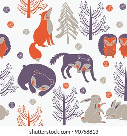 Winter forest with cute animals