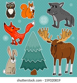 Winter forest cute animals set vector illustration