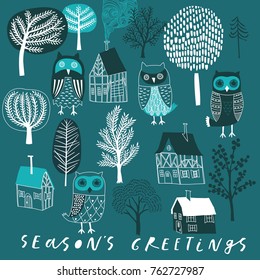 Winter forest with cute owls Print Design