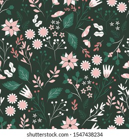 Winter forest in dark green background seamless repeat pattern.