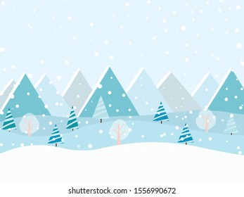 Winter forest at daylight and blue mountains winter snowy landscape. Vector illustration.