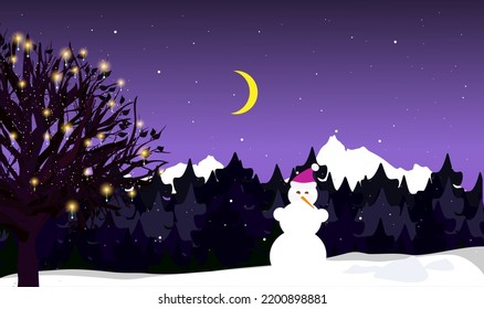 Bosque de invierno con árboles decorados con guirnaldas, con un muñeco de nieve, por la noche. El concepto del nuevo año. Ilustración vectorial.